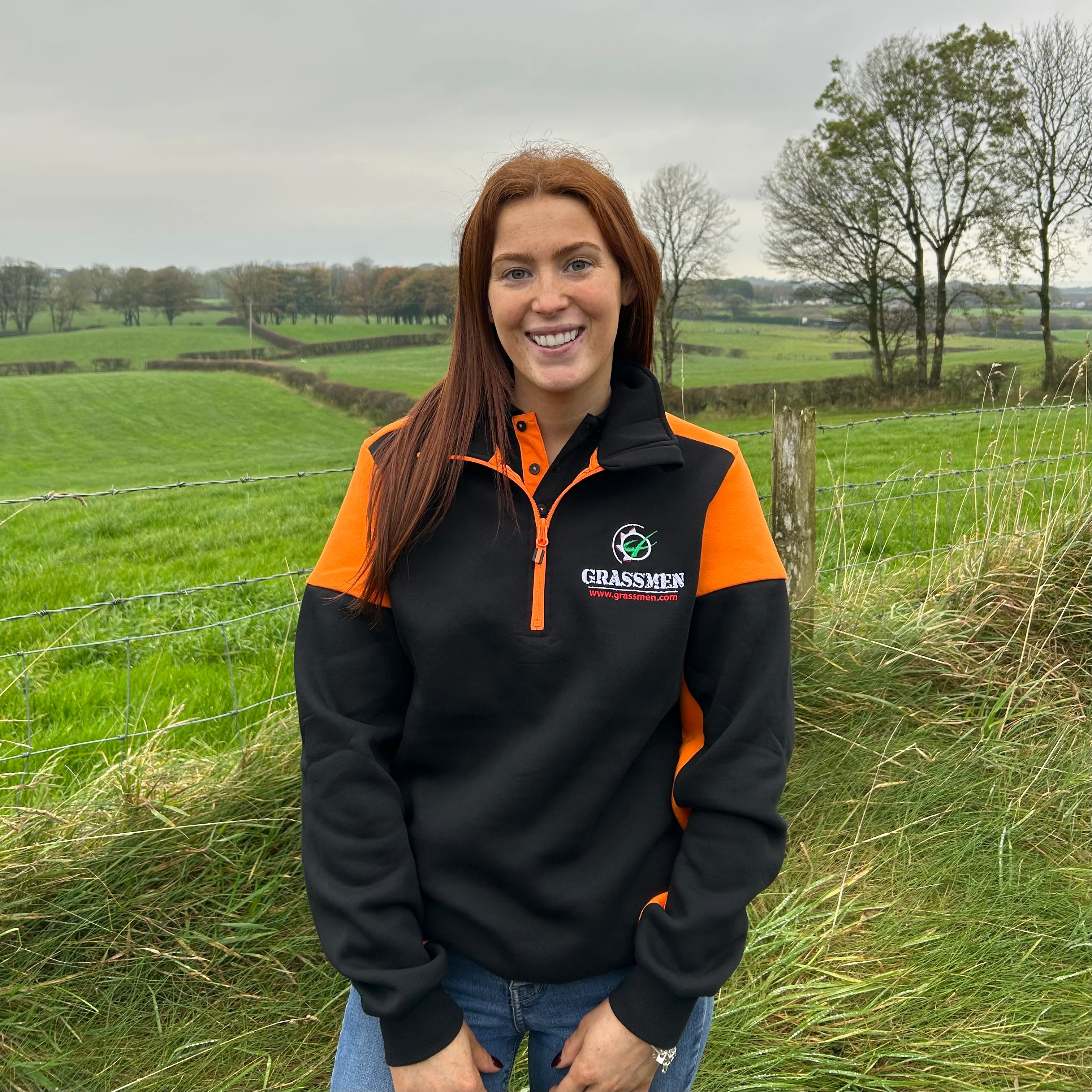 "GRASSMEN" Adults Prime Two Toned 1/4 Zip Sweater Black/Orange - Image 3