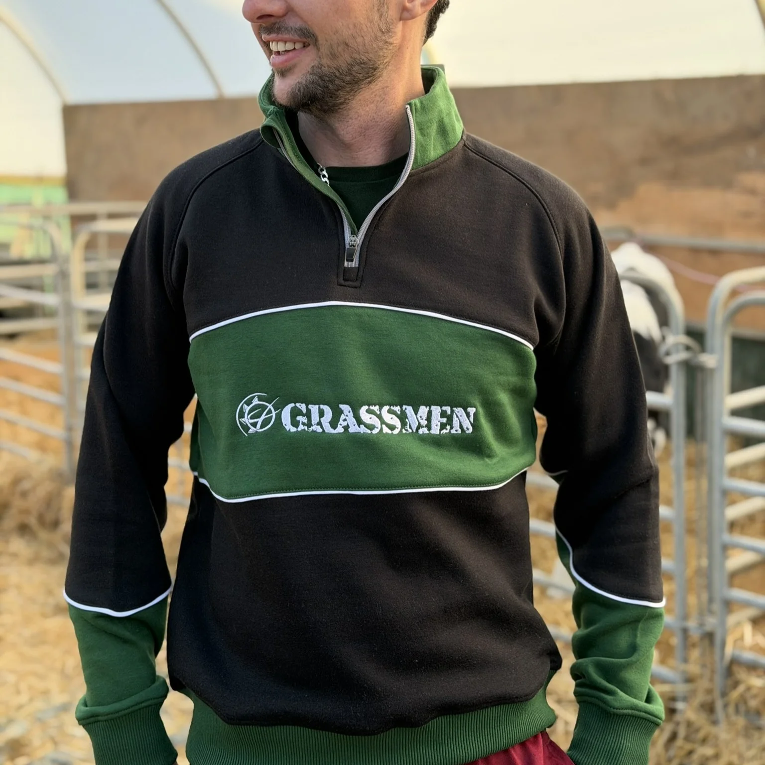 GRASSMEN Black, Green & White - Adults Unisex Cotton Quarter Zip - Image 2
