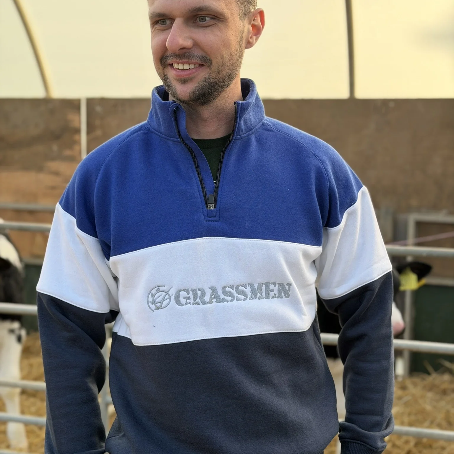 GRASSMEN Blue, White & Navy - Adults Unisex Cotton Quarter Zip - Image 4