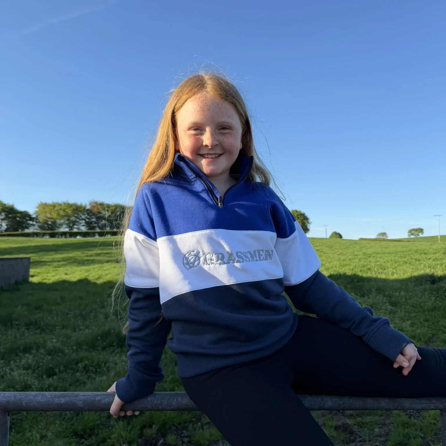 GRASSMEN Blue, White & Navy - Kids Unisex Cotton Quarter Zip - Image 3