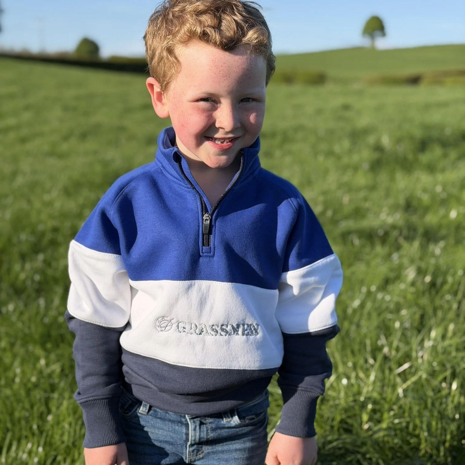 GRASSMEN Blue, White & Navy - Kids Unisex Cotton Quarter Zip - Image 8