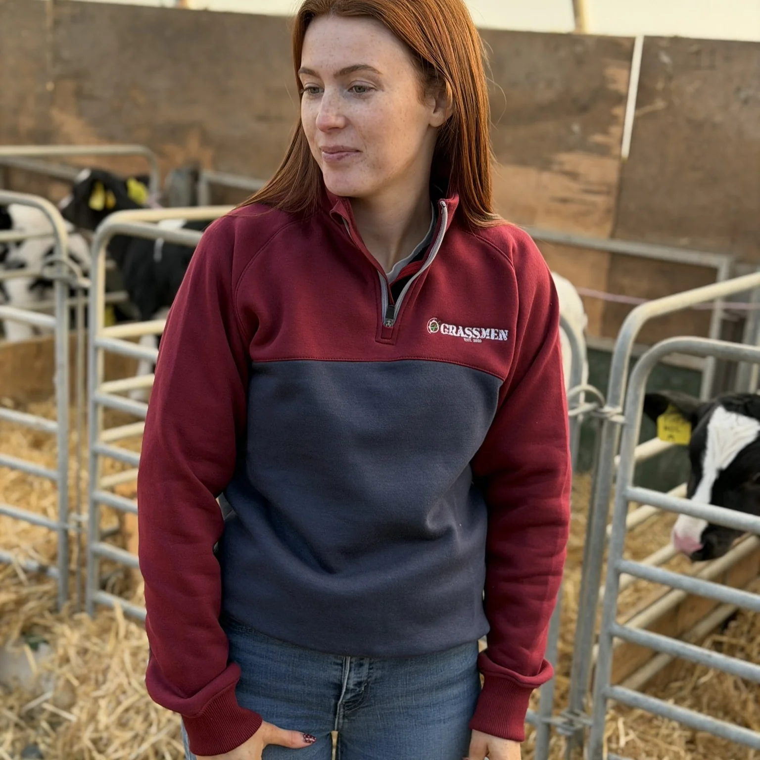 GRASSMEN Burgundy, Navy & White - Adults Unisex Cotton Quarter Zip - Image 2