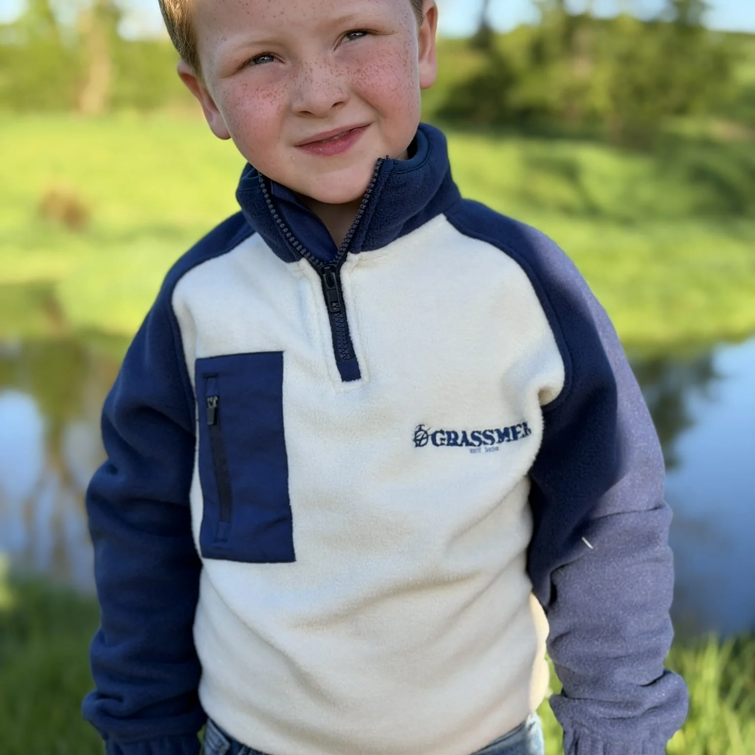 GRASSMEN Cream/Navy Kids Sherpa Quarter Zip Fleece - Image 5