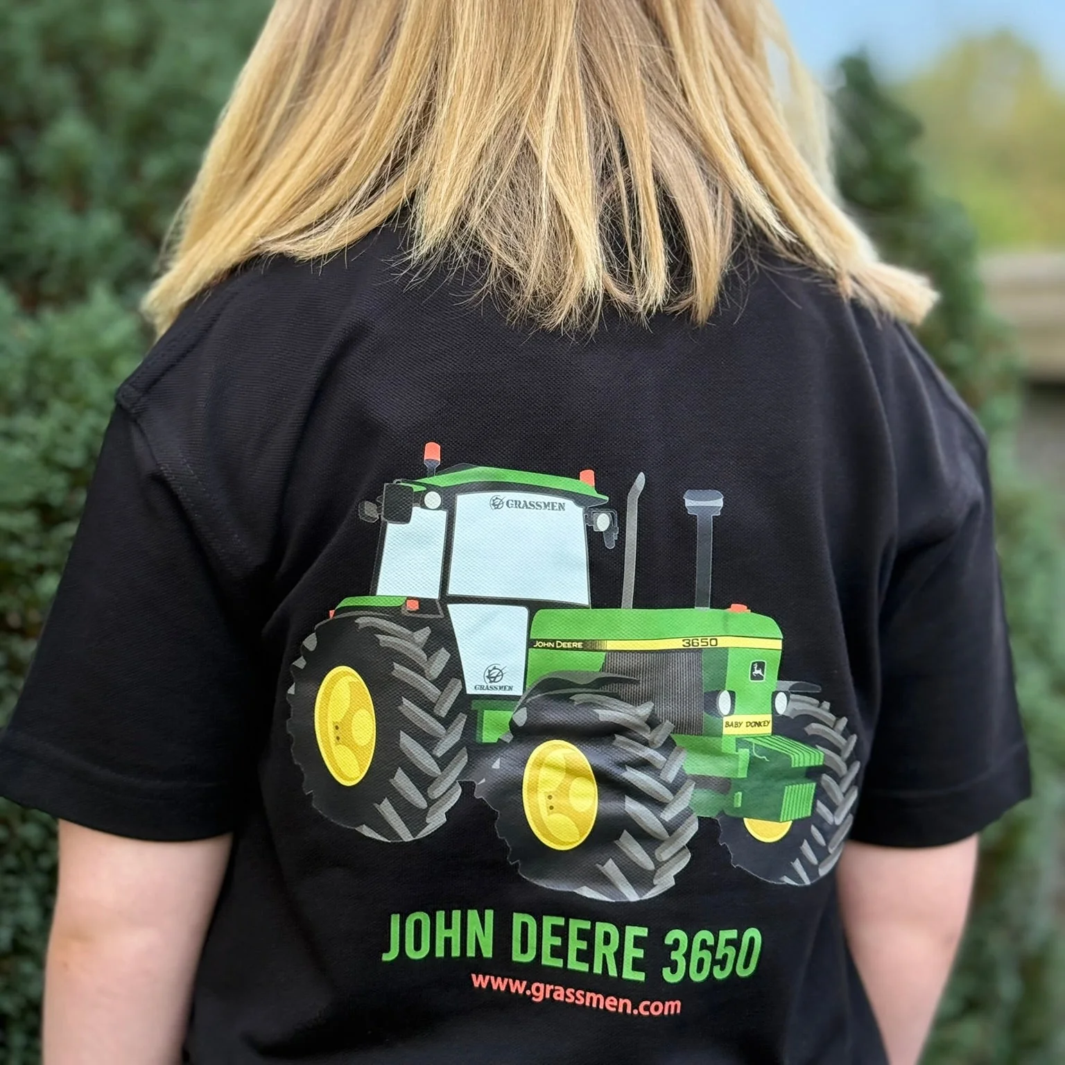 "GRASSMEN" John Deere 3650 Baby Donkey" Kids Black Polo Shirt - Image 3