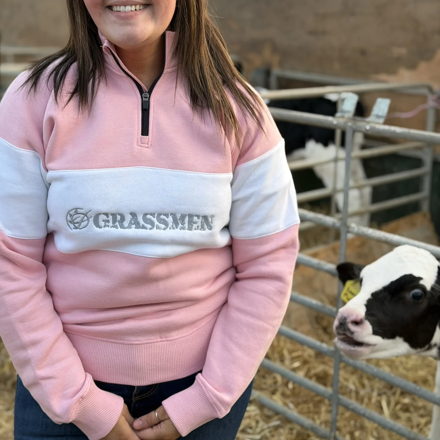 GRASSMEN Pink & White - Adults Unisex Cotton Quarter Zip - Image 4