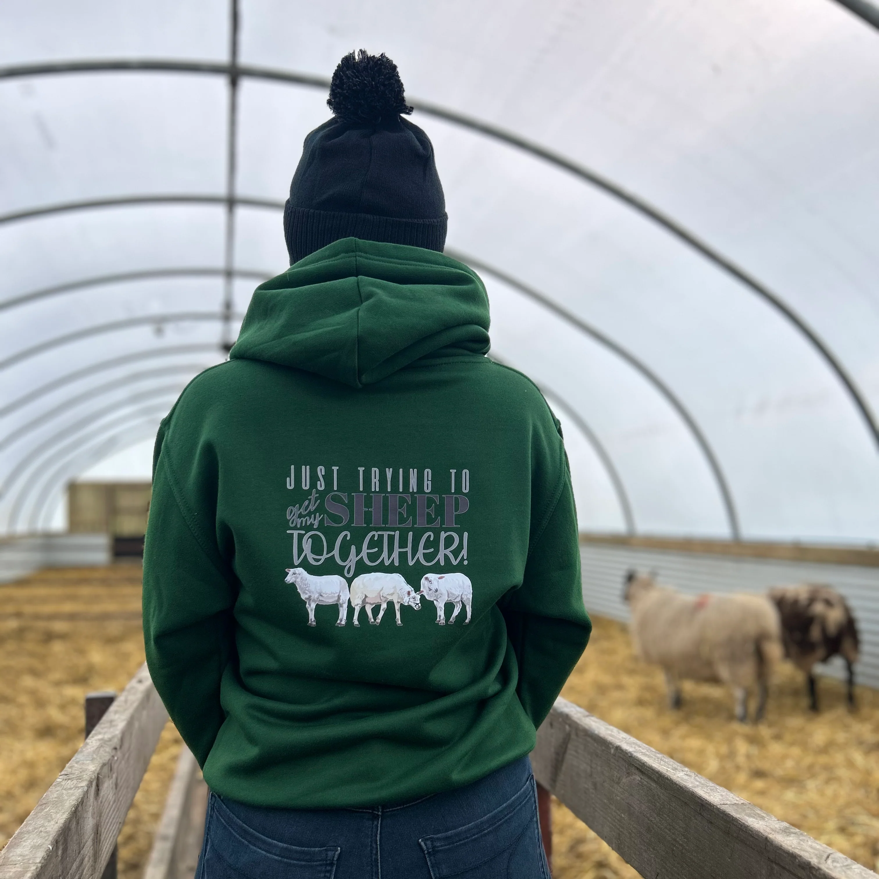 "Just trying to get my sheep together" Bottle Green Hoodie Unisex Adults Hoodie - Image 3